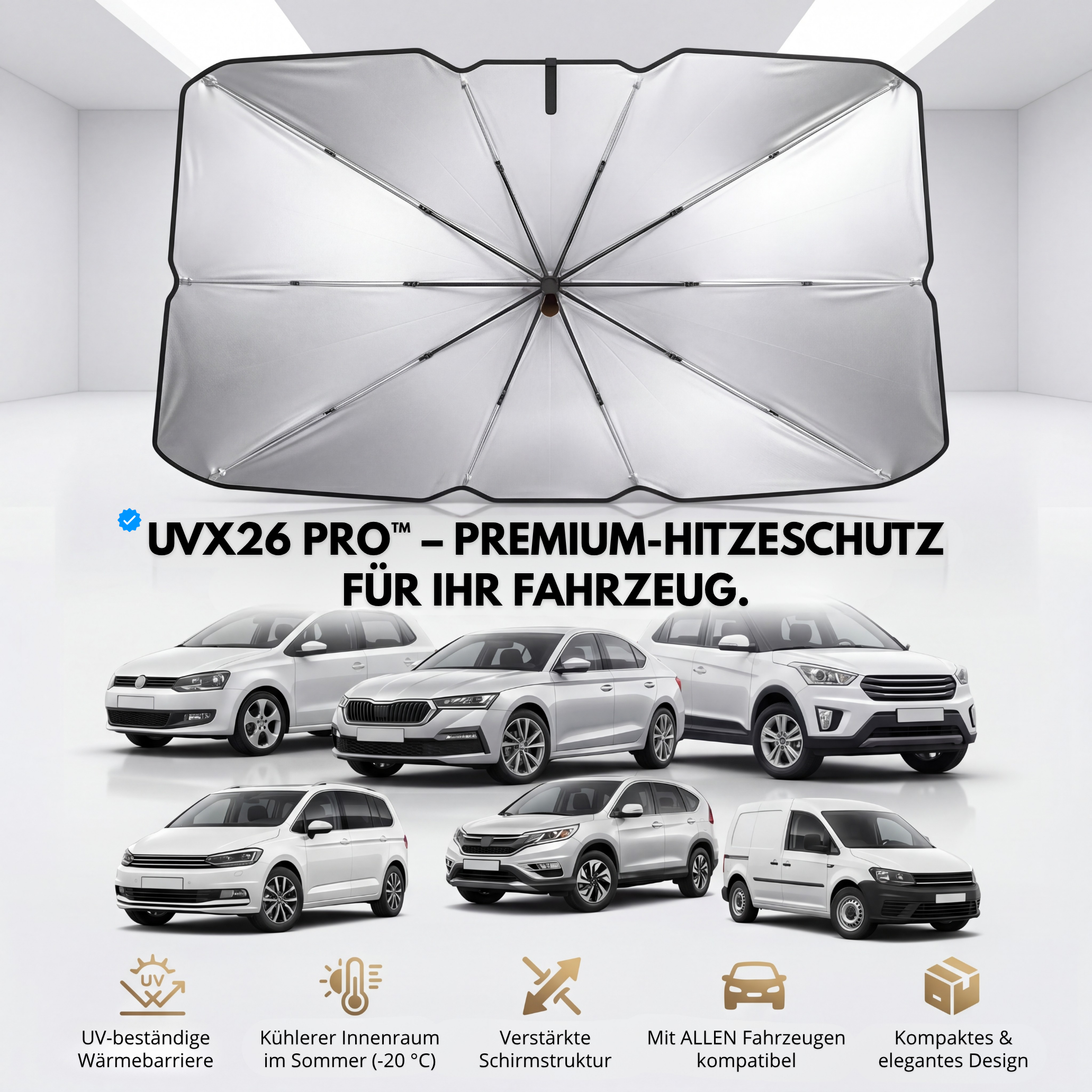 UVX26 PRO™ Sonnenblende – Bis zu 30 °C weniger Hitze im Fahrzeuginnenraum